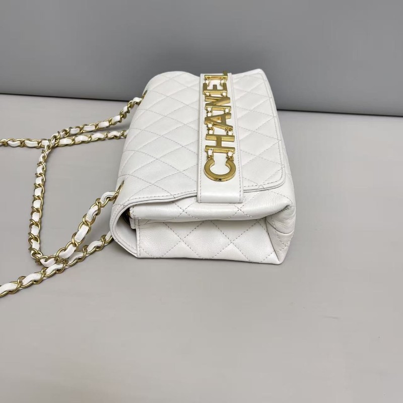 Chanel香奈兒 白色全皮菱格金屬字母翻蓋鏈條包 肩背包 斜背包 29開-2