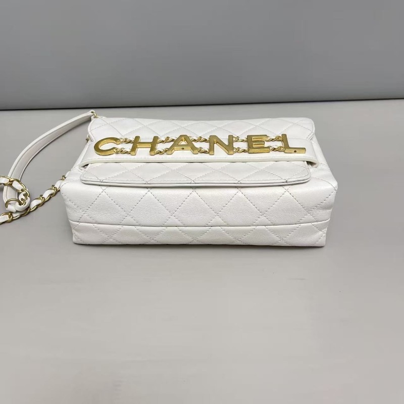 Chanel香奈兒 白色全皮菱格金屬字母翻蓋鏈條包 肩背包 斜背包 29開-3