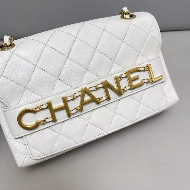 Chanel香奈兒 白色全皮菱格金屬字母翻蓋鏈條包 肩背包 斜背包 29開-5