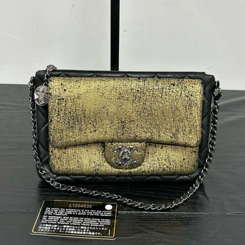 CHANEL 鎏金麻將銀扣肩背鏈條腋下包 21*14.5*2 98新配件保卡塵袋-0