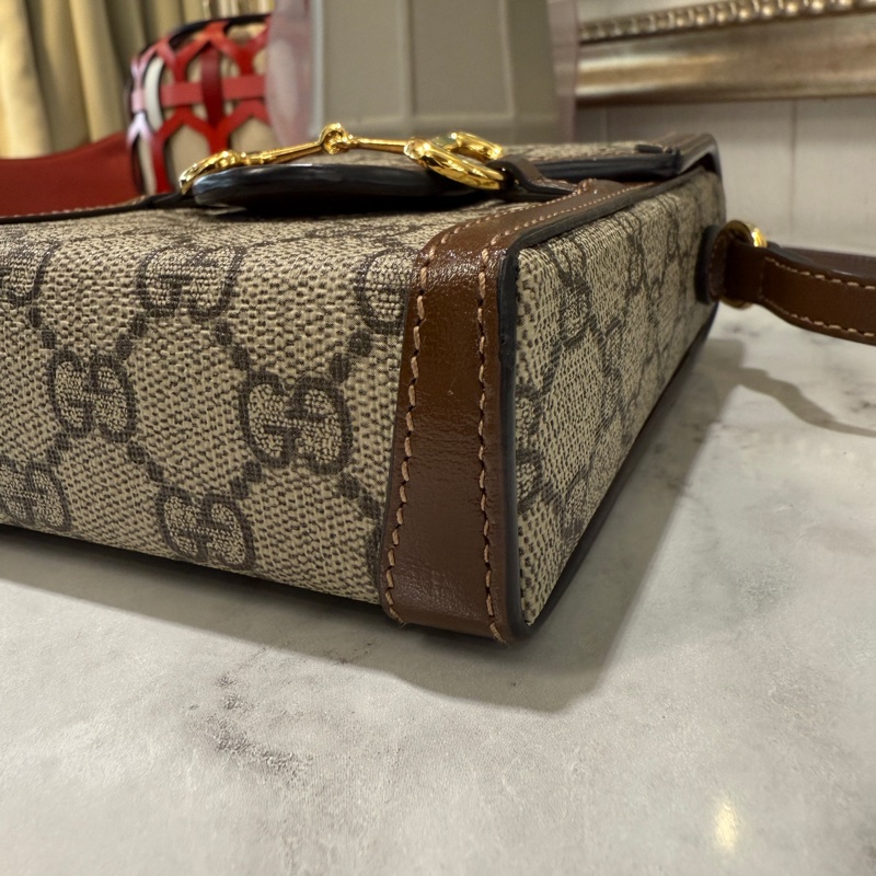 Gucci咖PVC1955金釦下蓋磁吸馬銜釦肩斜手機包-3