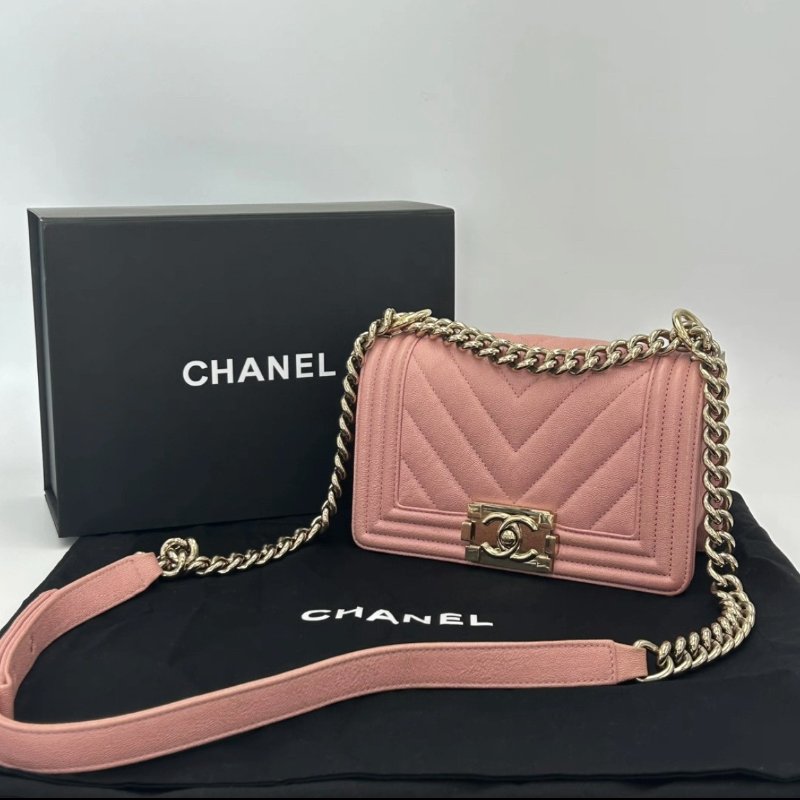CHANEL 粉色金扣Leboy小號肩背斜背鏈條包 20.5*12*8.5 98新配件盒子塵袋-0