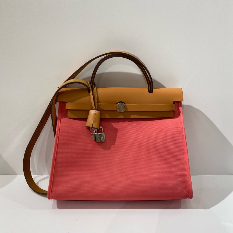 Hermes愛馬仕 herbag31 帆布拼皮粉色銀扣 肩背包 A刻 有鎖鑰匙皮牌-0