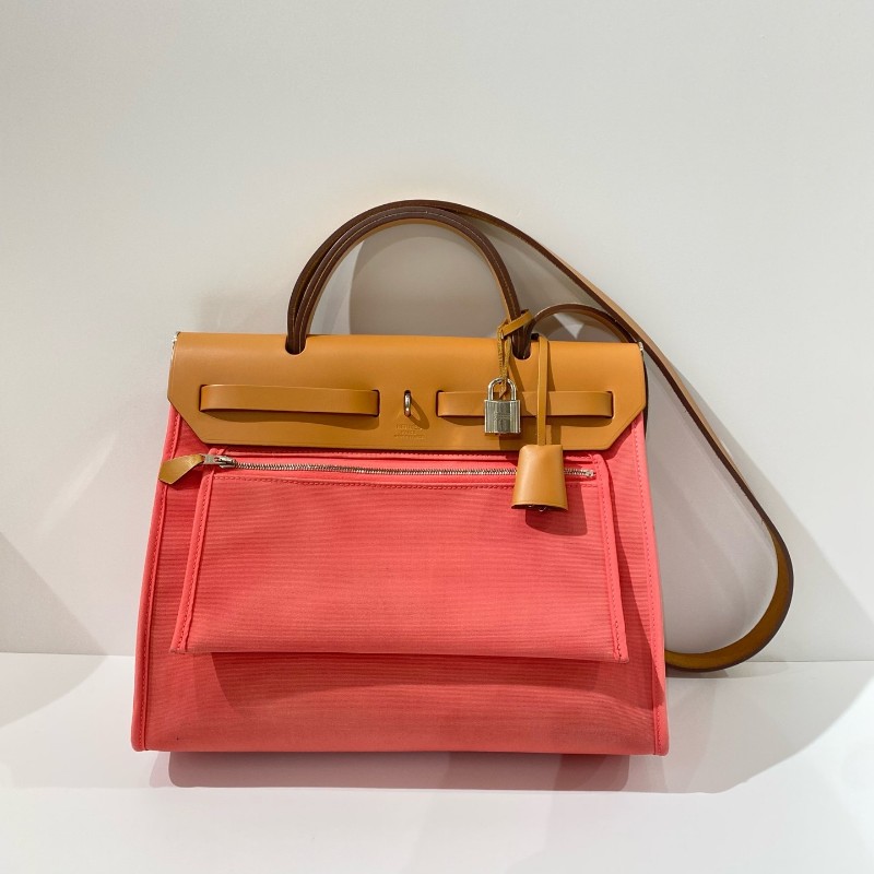Hermes愛馬仕 herbag31 帆布拼皮粉色銀扣 肩背包 A刻 有鎖鑰匙皮牌-1