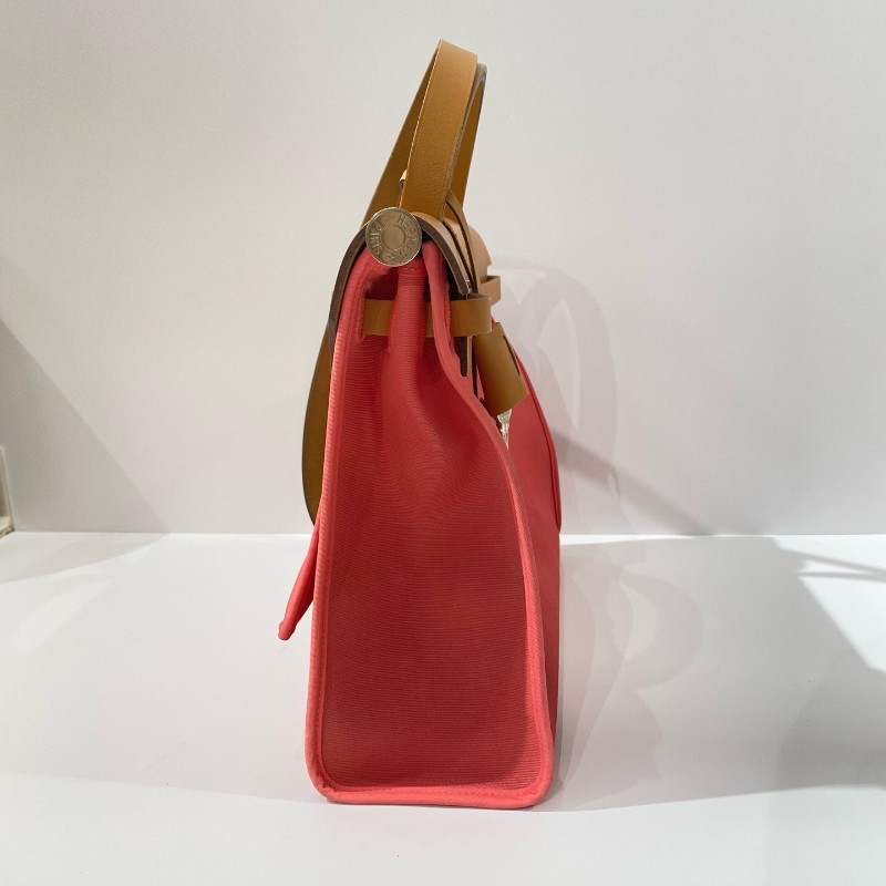 Hermes愛馬仕 herbag31 帆布拼皮粉色銀扣 肩背包 A刻 有鎖鑰匙皮牌-2