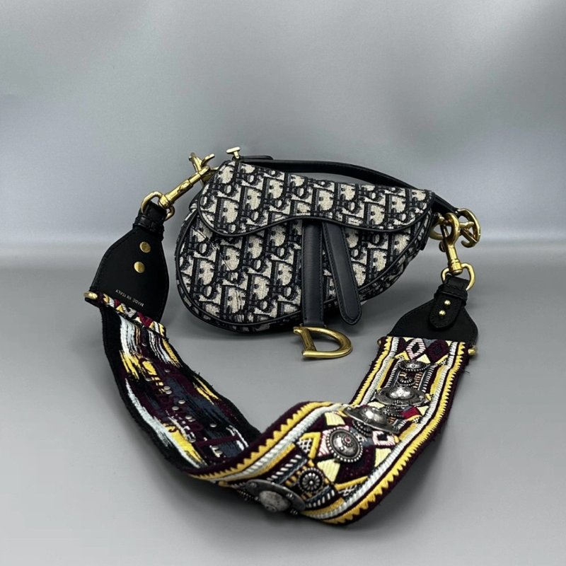 DIOR 藍色老花刺繡手提斜背肩背馬鞍包19*15*6 98新配件塵袋-0
