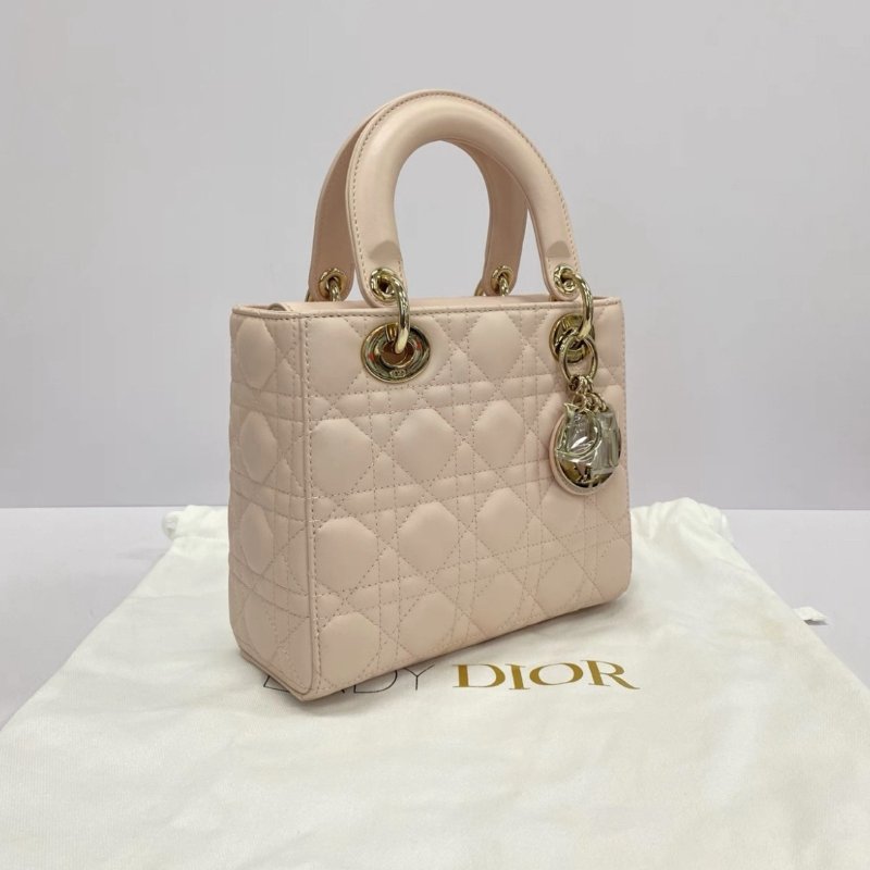 DIOR 新款四格櫻花粉金扣黛妃手提肩背斜背包 20*17*8 98新配件盒子塵袋保卡-1