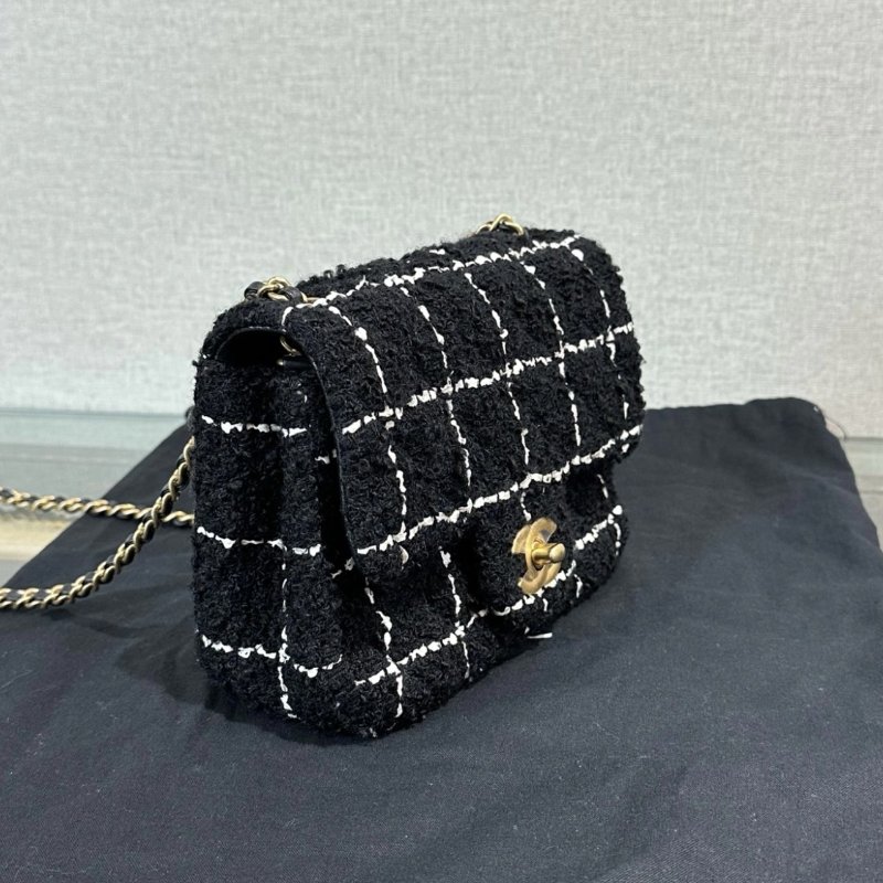 CHANEL 黑白毛呢金球方胖子肩背斜背包 17*13*7 98新配件塵袋-1