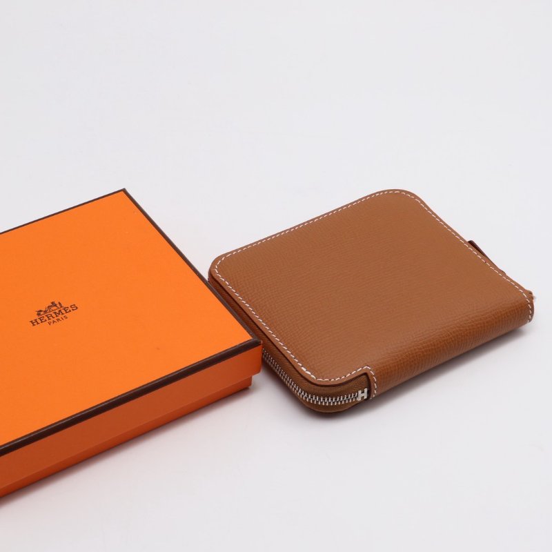 HERMES Silk'in 絲巾拉鍊短夾 - 金棕 / 自由之城 W-7