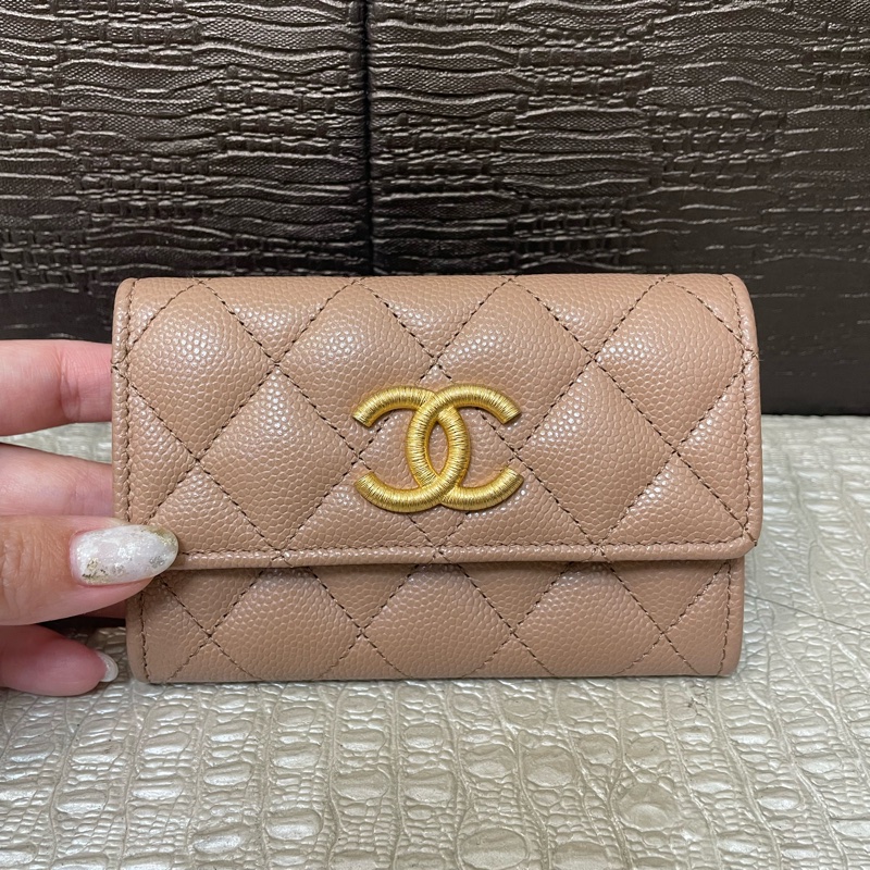Chanel 奶茶荔枝牛奶雙C logo下蓋卡包-0