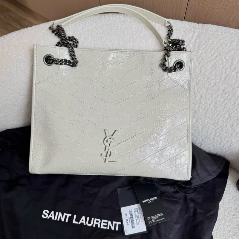 YSL 白色Niki Logo皺褶Totebag 33x27 全新配件塵袋-0