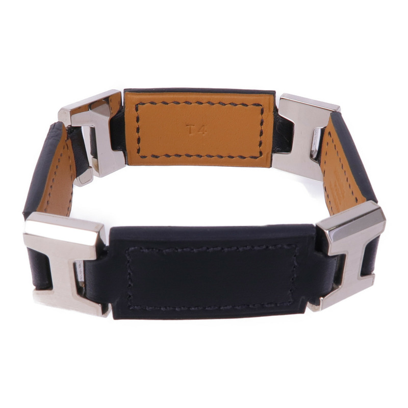 HERMES 皮革Bracelet銀扣手帶Noir-0