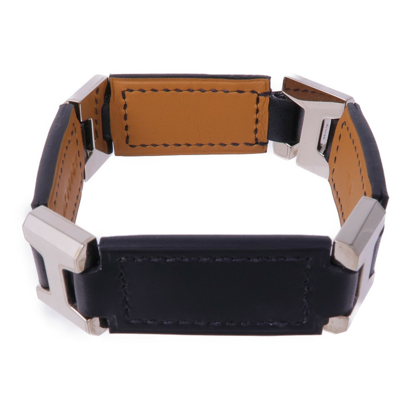 HERMES 皮革Bracelet銀扣手帶Noir-1