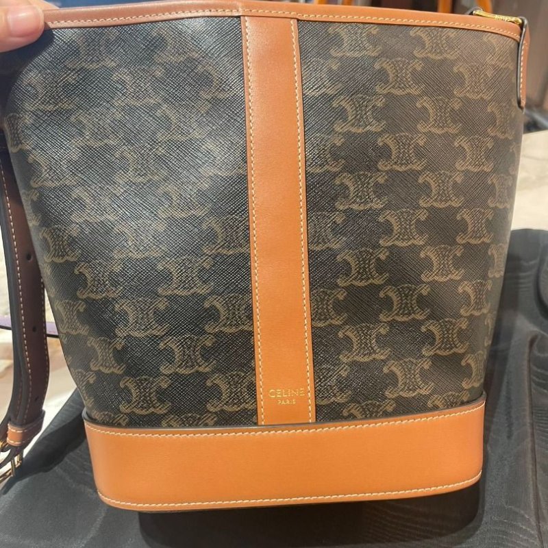 CELINE TRIOMPHE 經典老花帆布拚小牛皮 斜背包 小號 18*13*23 98新 配件防塵袋盒子-5