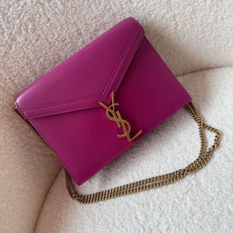 YSL 風琴包 牛皮玫紅色金扣斜背包 99新 配件塵袋-0