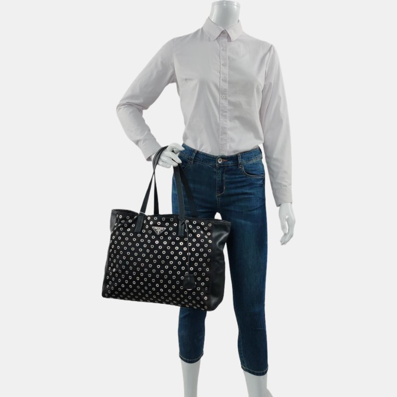 PRADA Tote 托特包 黑色 牛皮 標誌 鉚釘 單肩包 手提包-1