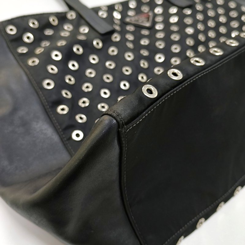 PRADA Tote 托特包 黑色 牛皮 標誌 鉚釘 單肩包 手提包-9