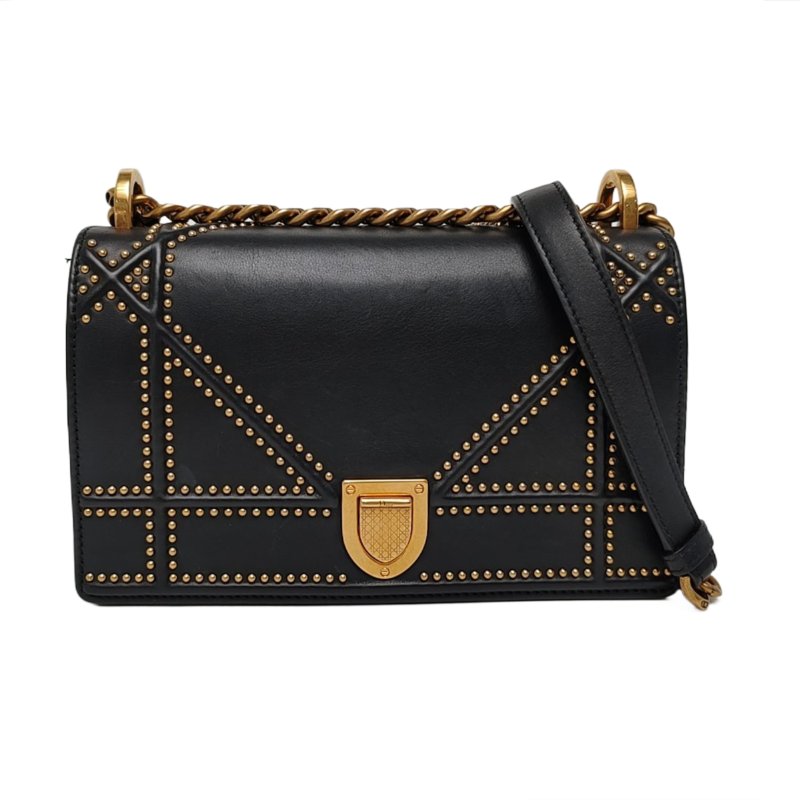 DIOR Diorama 小號 黑色 牛皮 藤格紋 鉚釘 盾牌包 單肩包 斜背包-0