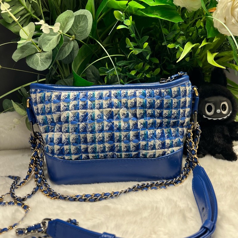 Chanel/香奈兒編織款流浪包 小號 有卡 藍色金扣 27開 尺寸：20*15*8cm-1