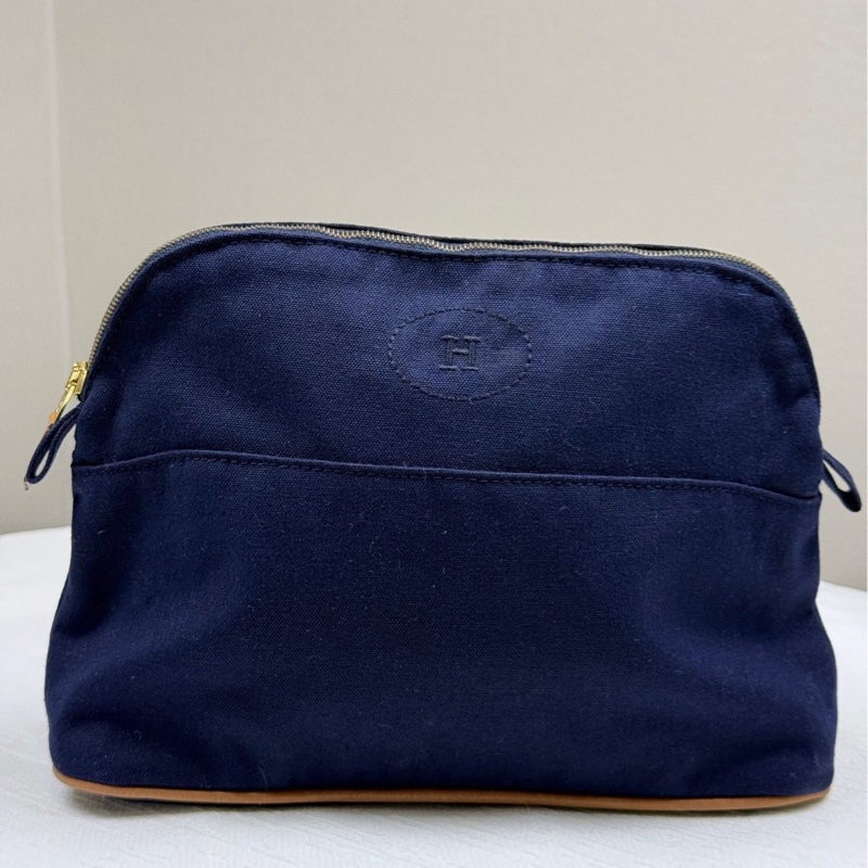 95新 Hermes愛馬仕 深藍色拉鍊式化妝包,帆布材質-0