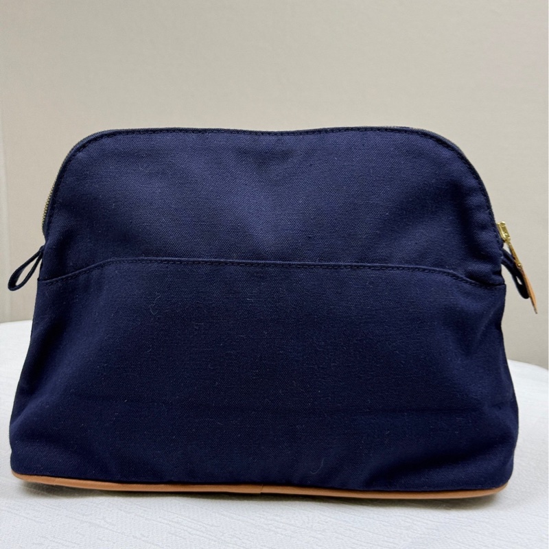 95新 Hermes愛馬仕 深藍色拉鍊式化妝包,帆布材質-6