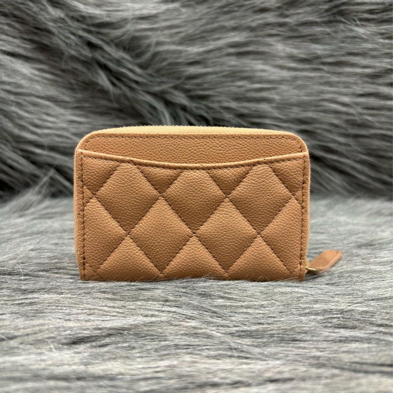 CHANEL AP3050 奶茶色 荔枝皮 淡金釦 拉鍊零錢包 卡包 卡夾 信用卡包-3