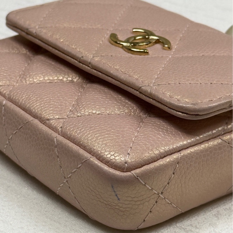 98新Chanel香奈兒卡包零錢包耳機包，奶茶色金扣雙C logo，珍珠項鍊包迷你小包包mini單肩包-7