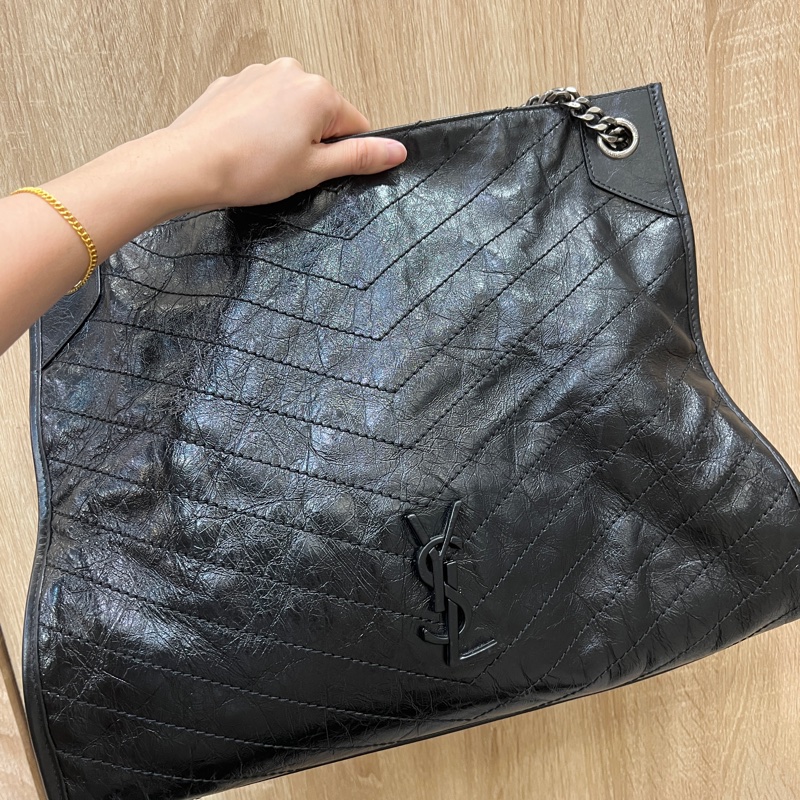 YSL 黑油蠟牛皮Niki大號手提肩斜購物包-0