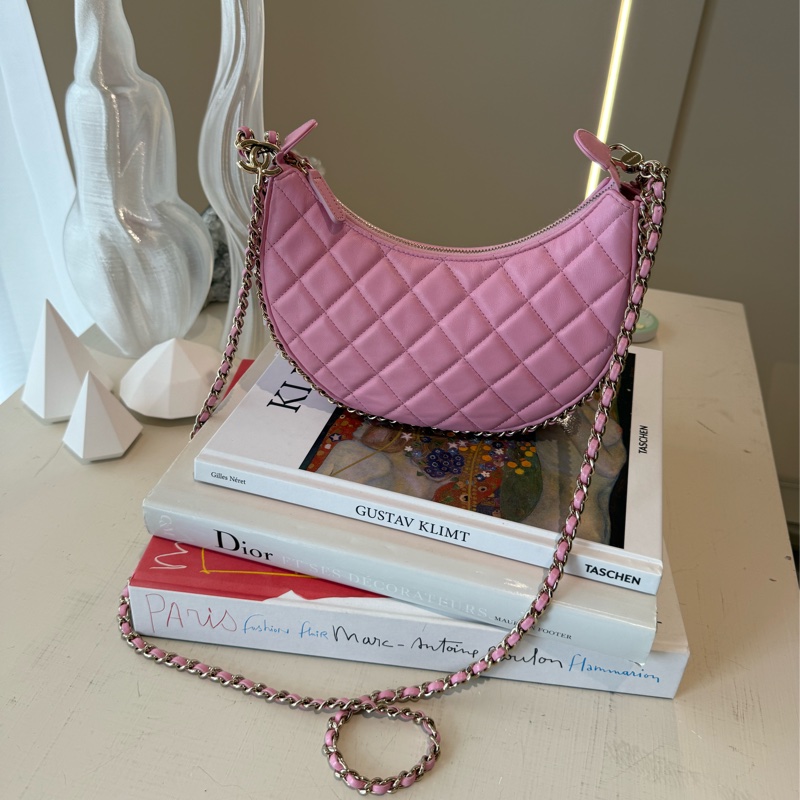 CHANEL 粉色月亮包彎月包 幸運餅乾包 鏈條包 芯片款-8