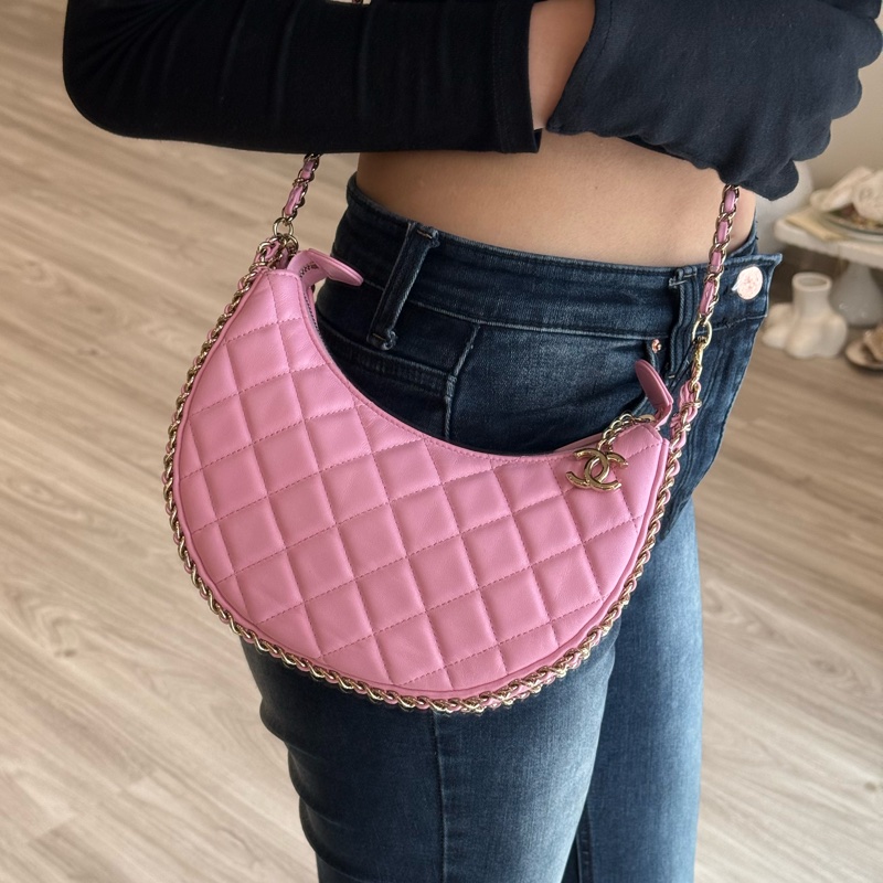 CHANEL 粉色月亮包彎月包 幸運餅乾包 鏈條包 芯片款-9