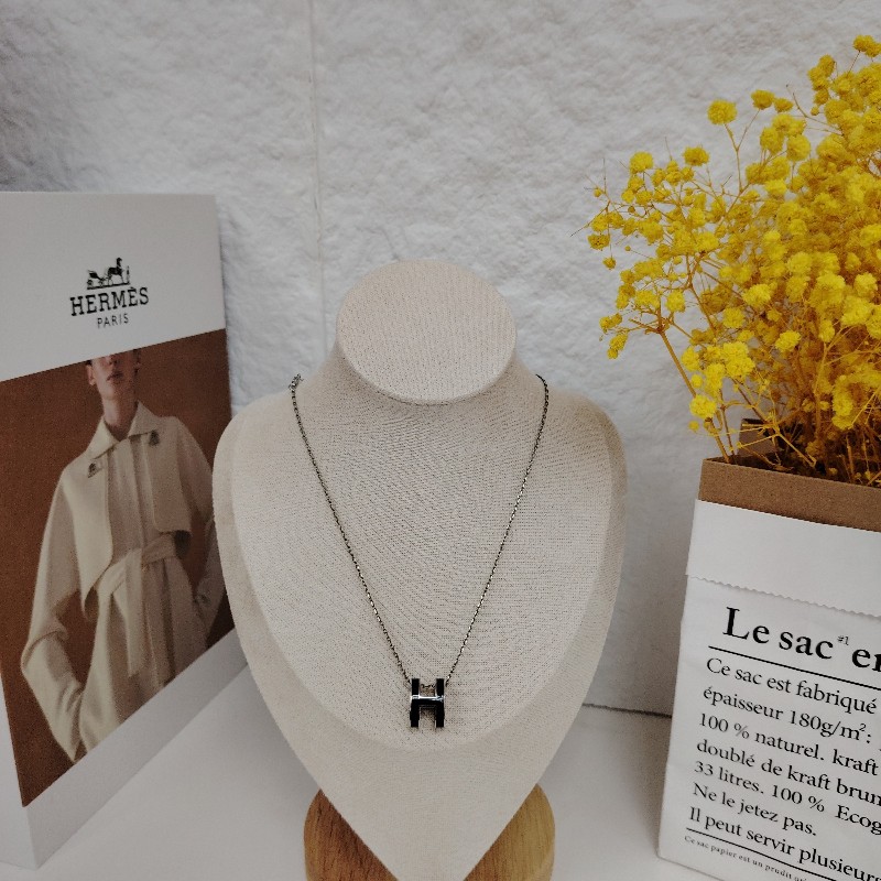 愛馬仕 Pop H 黑色拼銀色 金属 項鏈 mini-0