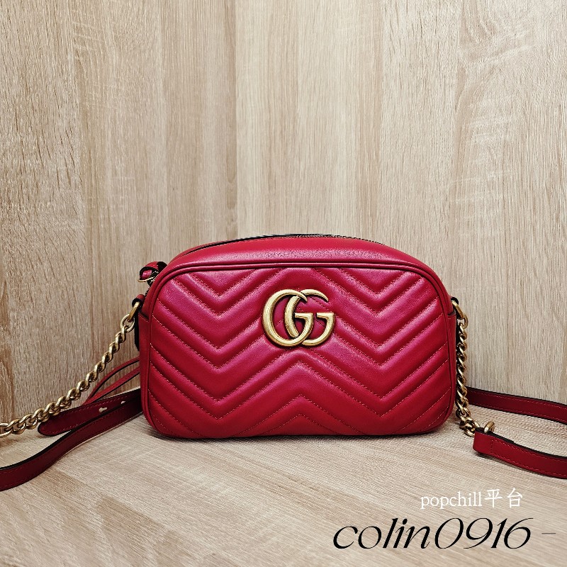 Gucci 紅牛皮山形紋霧金釦Marmont斜背相機包-0