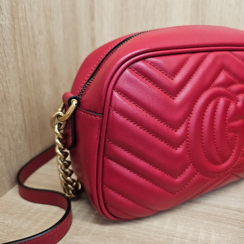 Gucci 紅牛皮山形紋霧金釦Marmont斜背相機包-7