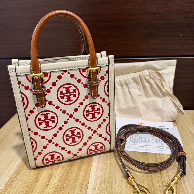 專櫃正品 TORY BURCH 白紅款 琴譜包 手機包 小方包-1