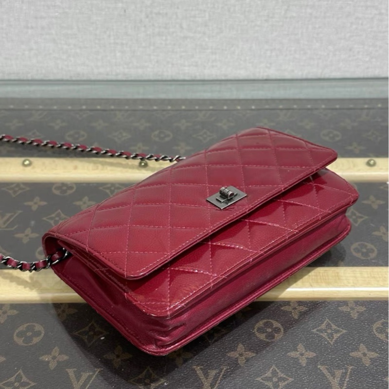 CHANEL/香奈兒紅銀2.55扣漆皮woc鏈條包 19*12*3.5-3