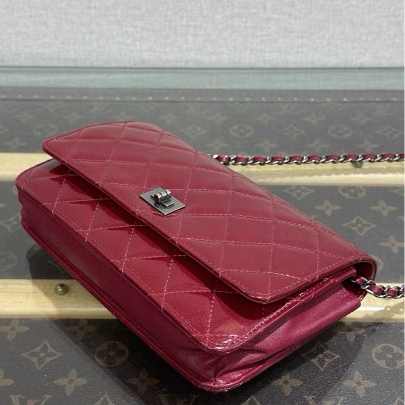 CHANEL/香奈兒紅銀2.55扣漆皮woc鏈條包 19*12*3.5-5