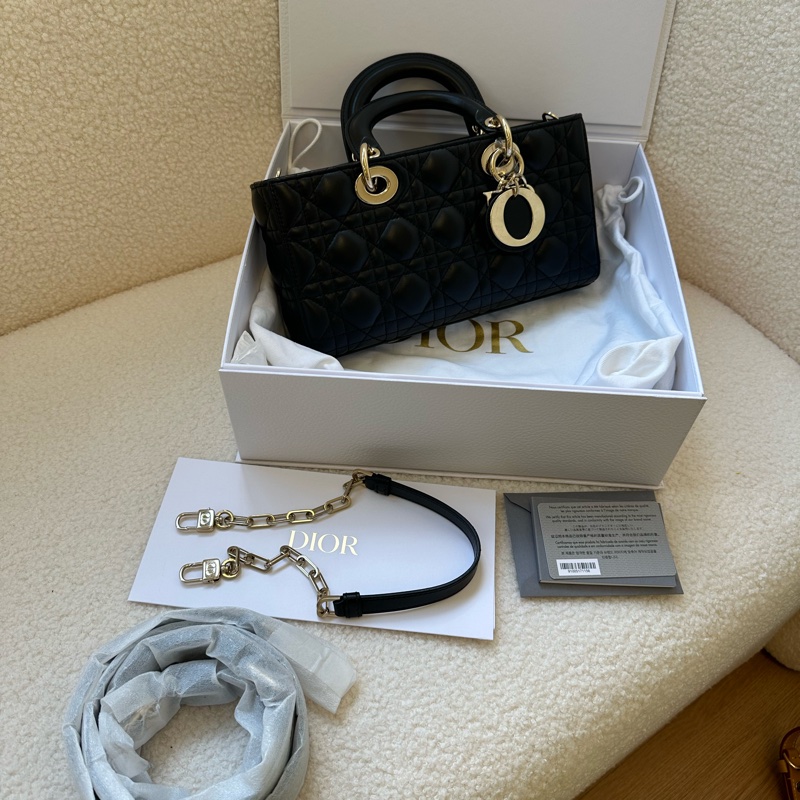 DIOR迪奧 Lady D Joy黑金小羊皮藤格紋橫版戴妃包-0