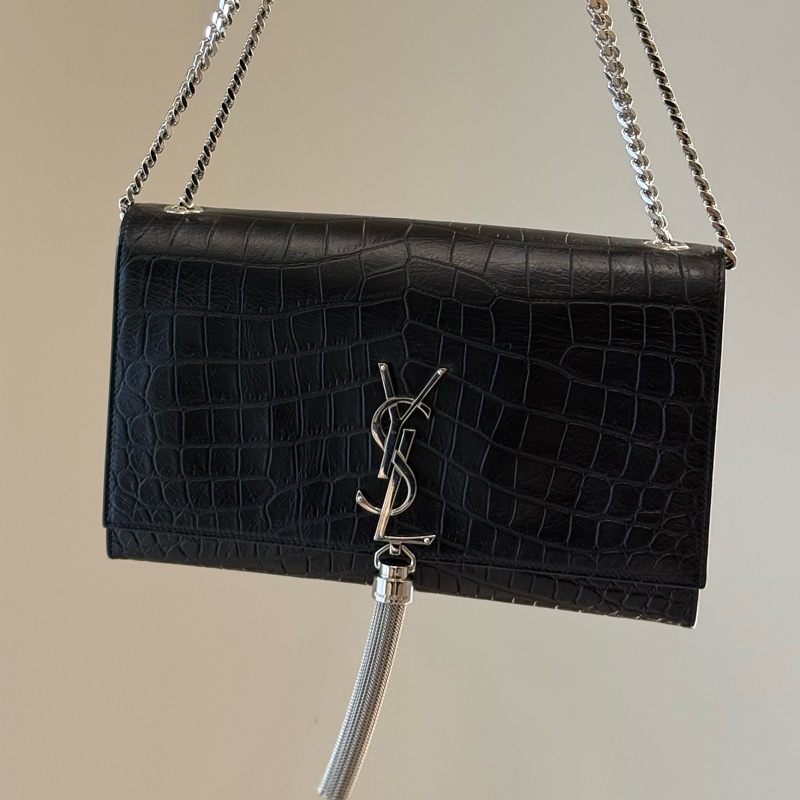 YSL 黑銀鱷魚壓紋流蘇包 Saint Laurent 晚宴包-9