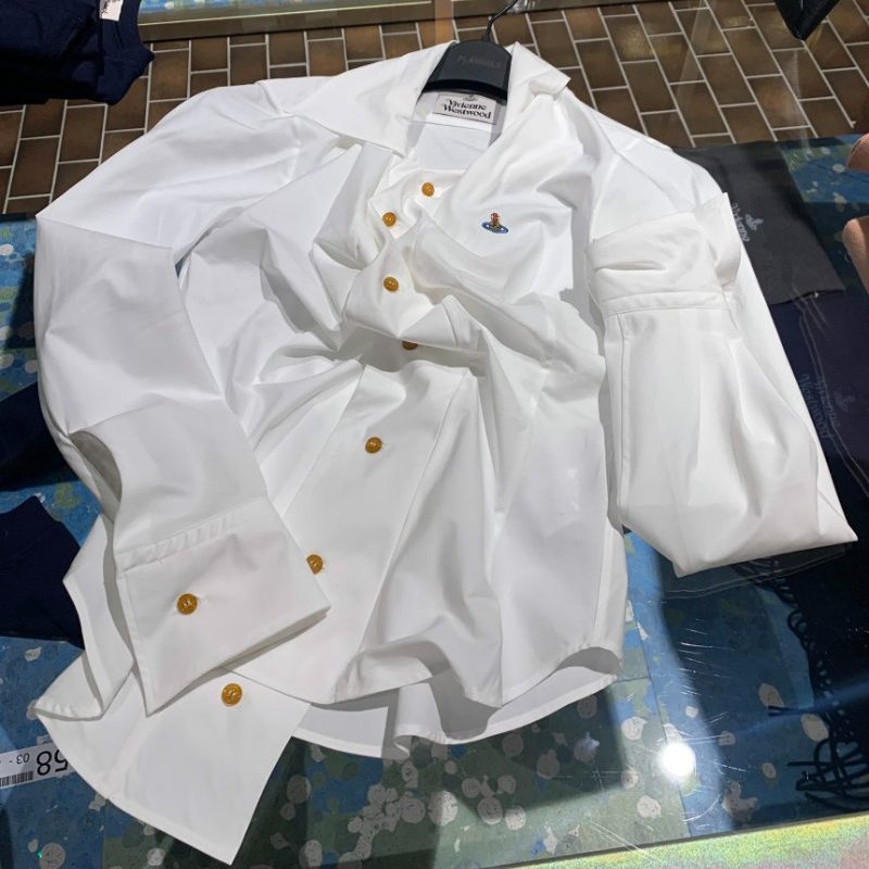 🎉新品好折扣✨Vivienne Westwood 女款 Drunken 抓褶設計純棉府綢襯衫 白色 EU38/40/42/44-2