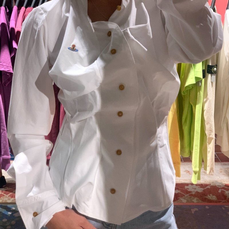 🎉新品好折扣✨Vivienne Westwood 女款 Drunken 抓褶設計純棉府綢襯衫 白色 EU38/40/42/44-8