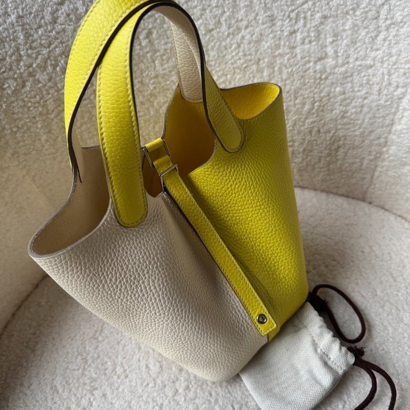 ✨Hermes撞色菜籃子18 奶油/檸檬黃 99新 配件塵袋-0