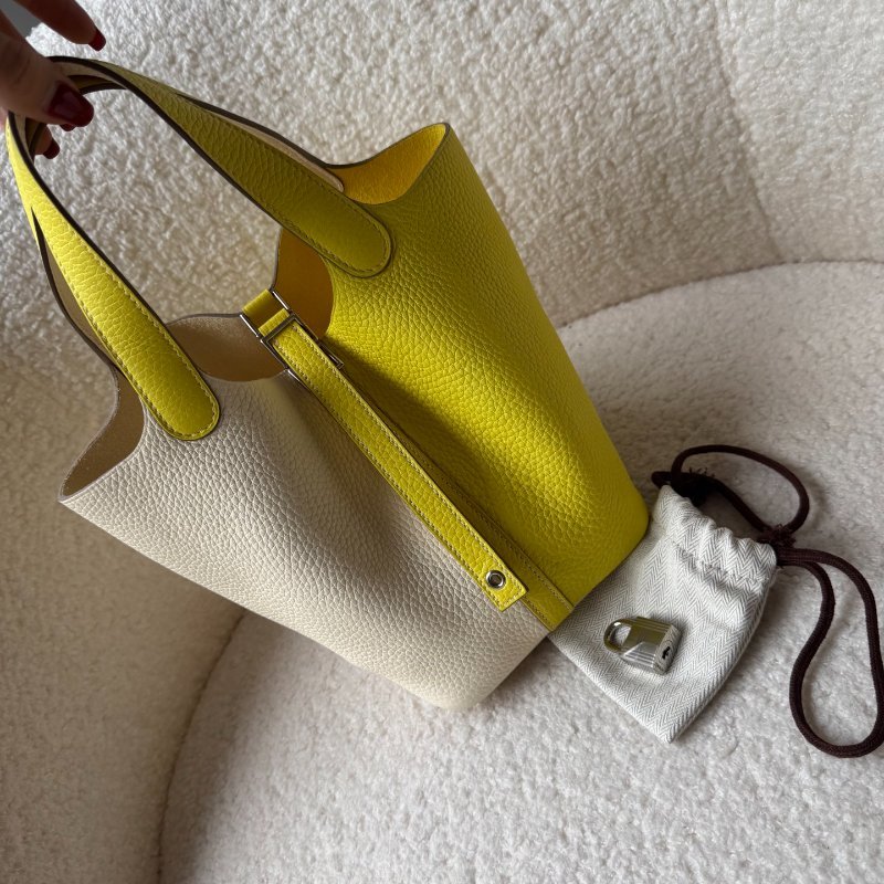✨Hermes撞色菜籃子18 奶油/檸檬黃 99新 配件塵袋-4