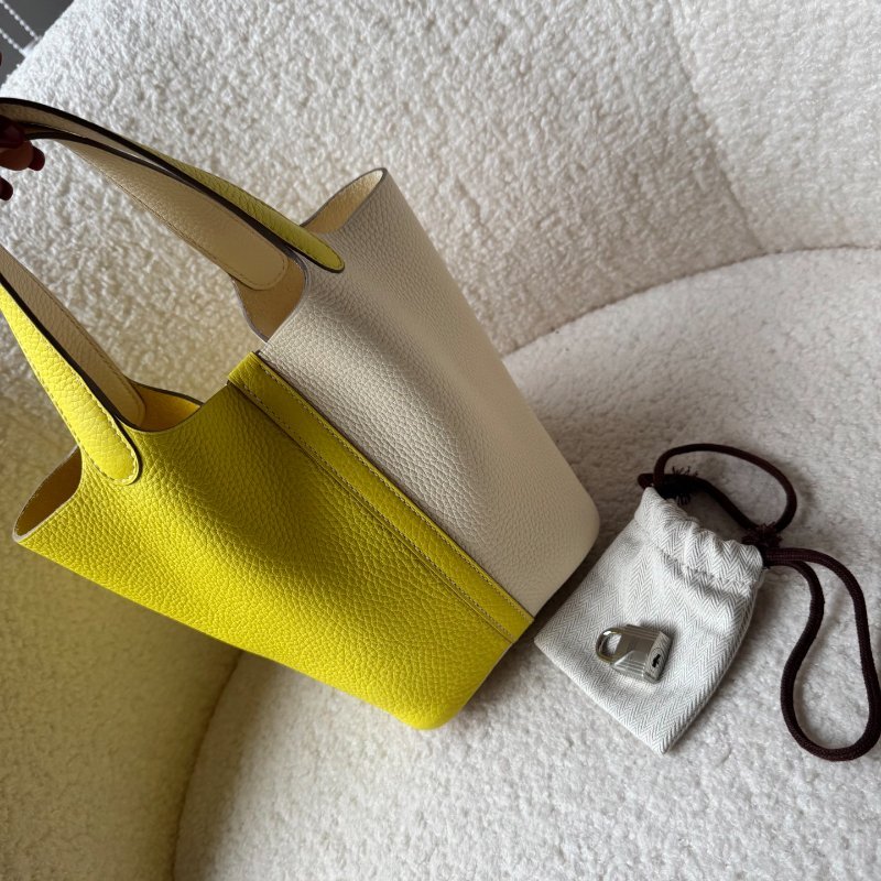 ✨Hermes撞色菜籃子18 奶油/檸檬黃 99新 配件塵袋-5