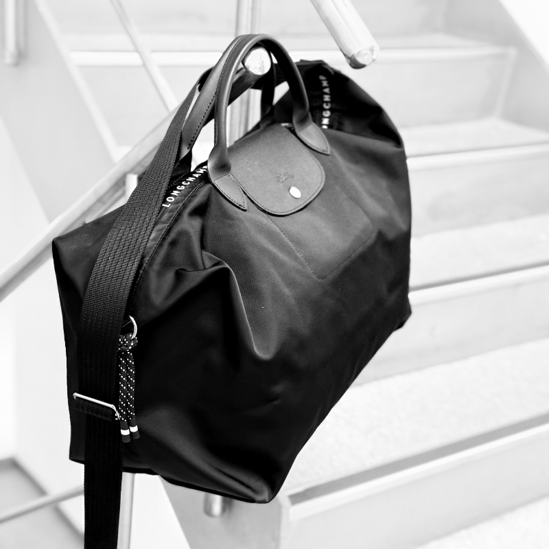 LONGCHAMP 黑色尼龍 手提托特包 旅行袋-4