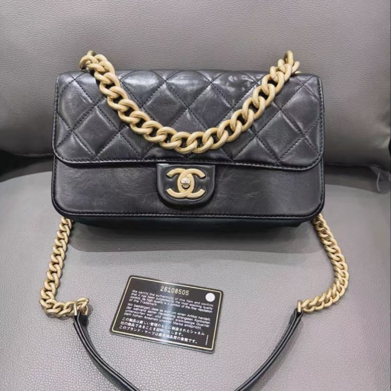 Chanel 黑金牛皮風琴包 23×13 95新配件保卡塵袋-0