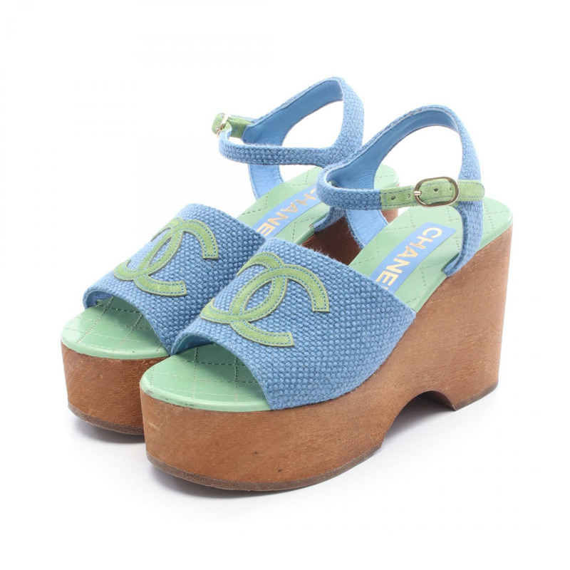 香奈兒厚底坡跟涼鞋 帆布 藍綠色 35C 號 二手 女士-0