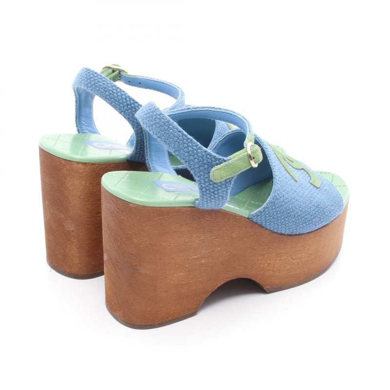 香奈兒厚底坡跟涼鞋 帆布 藍綠色 35C 號 二手 女士-1