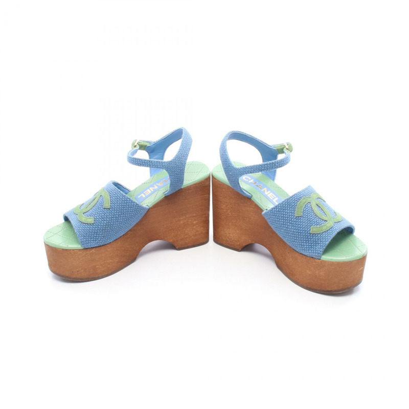 香奈兒厚底坡跟涼鞋 帆布 藍綠色 35C 號 二手 女士-2