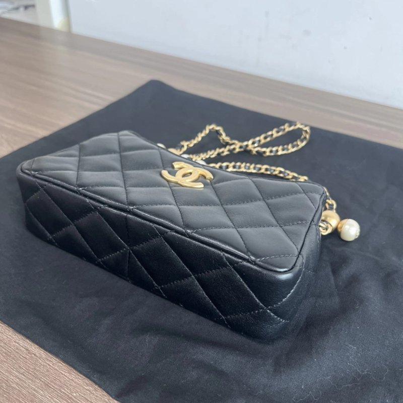 CHANEL 24a黑金羊皮珍珠手柄鏈條腋下包19*11*6 全新閒置配件塵袋-2