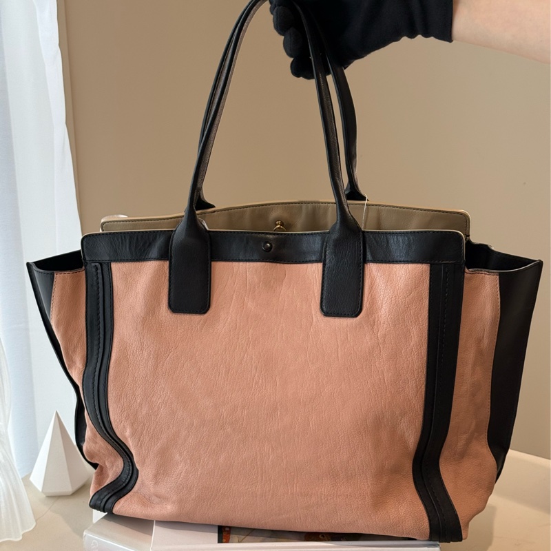 Chloé 粉黑色托特包 拼色 大容量 購物袋 通勤包-1
